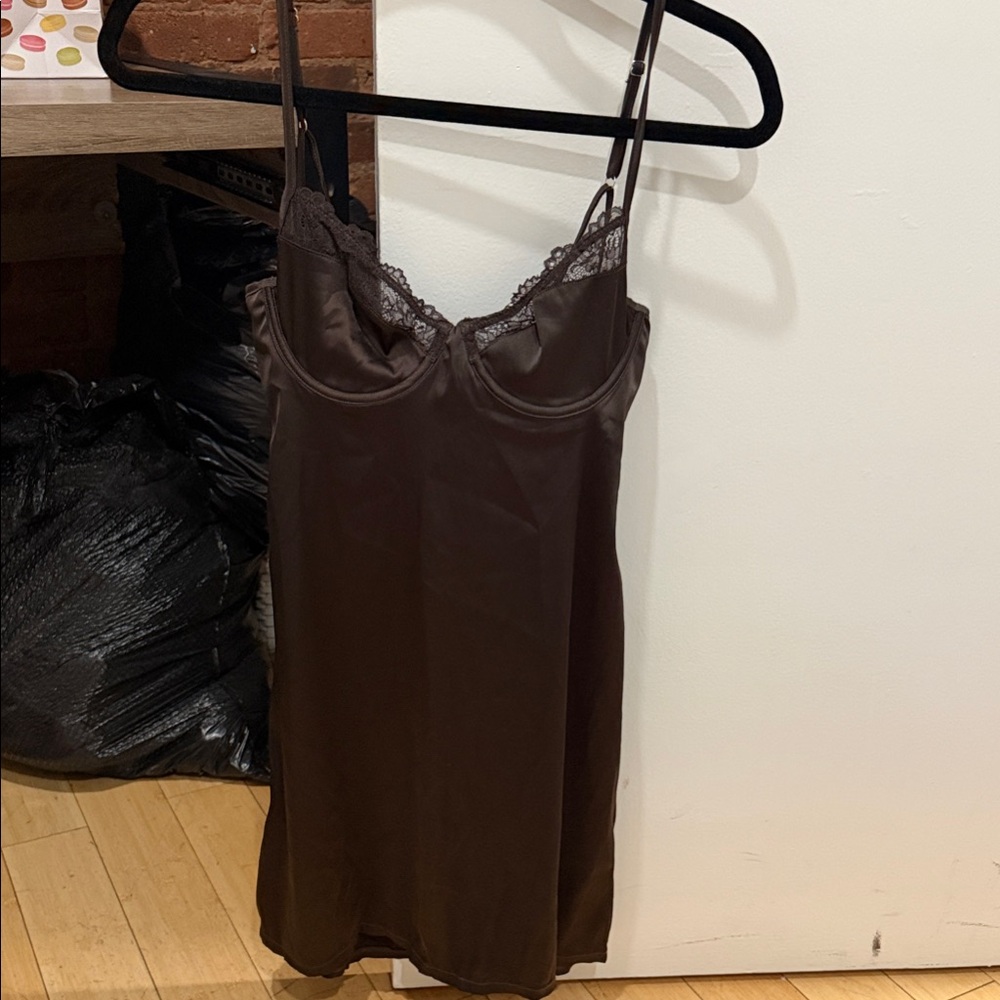 Satin Lace Chemise Slip - Brown